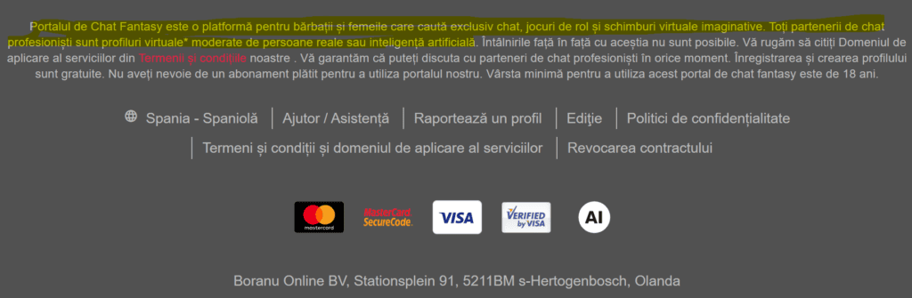 În subsolul paginii avem deja primul indiciu că avem de-a face cu un site complet fraudulos.